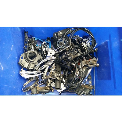 Assorted Boxes Of Bike Accesories Including Cranks, Brakes & More.