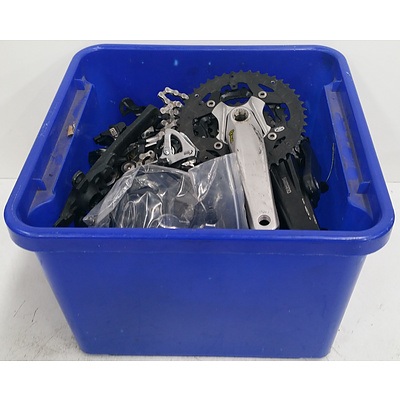 Assorted Boxes Of Bike Accesories Including Cranks, Brakes & More.