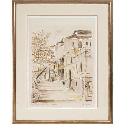 John Van Vliet (Working c.1964) Agar Steps, The Rocks Sydney, Ink and Wash