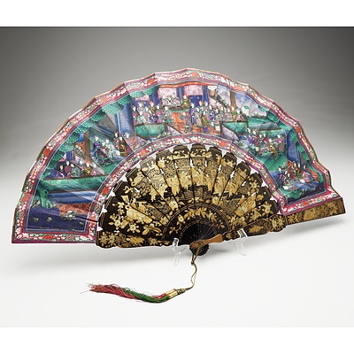 Fine Chinese Export Lacquer and Ivory Embellished Brise Fan with Original Box Circa 1900