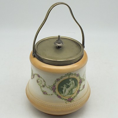Late Victorian Hand Painted Biscuit Barrel With Silver Plated Lid