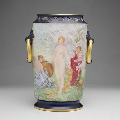 M Billington Hand Painted French B&C Limoges Mantle Vase, The Judgement of Paris After S.J. Solomon