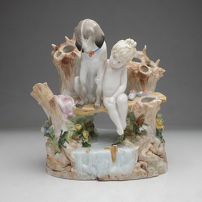 German Königliche Porzellan-Manufaktur Porcelain Figure of Girl and Dog Sitting on a Bench over a Stream, 1123