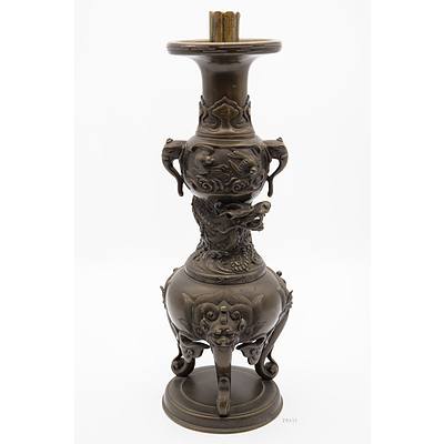 Japanese Silver Inlaid Bronze Candlestick, Meiji Period (1868-1912)