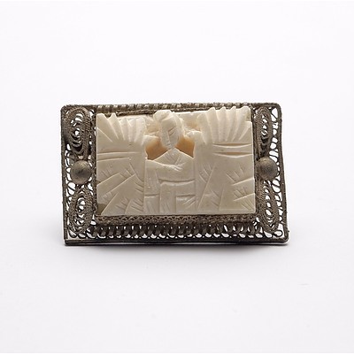 Asian Ivory and Metal Filigree Brooch, Early to Mid 20th Century
