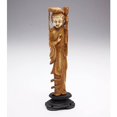 Carved and Stained Ivory Figure of a Courtesan, Early to Mid 20th Century