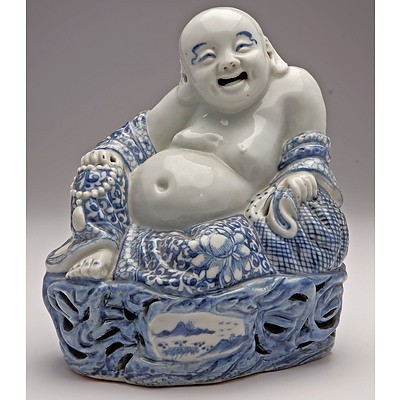 Rare Chinese Blue and White Buddha Budai, Republic Period