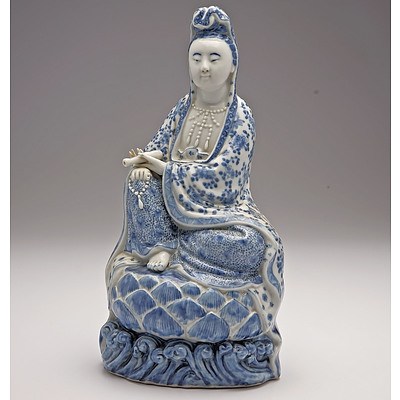 Rare Chinese Blue and White Figure of Guanyin, Wei Hong Tai Mark, Republic Period