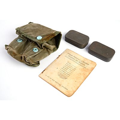 WW II Patterns of Knitted Comforts for Soldiers Booklet, Military Canvas Belt Pouch and Two Small Metal Tins