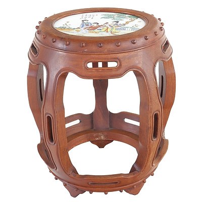 Chinese Hardwood Drum Stool with Porcelain Inset, Late 20th Century