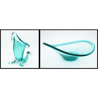 Vintage Green Murano Glass Bowl and a Hand Blown Cornucopia Vase