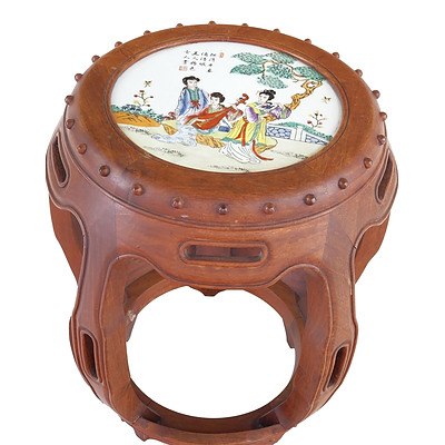 Chinese Hardwood Drum Stool with Porcelain Inset, Late 20th Century