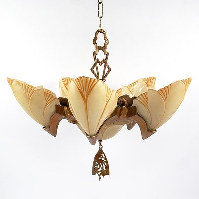 Art Deco Patinated Metal Batwing Pendant Light Fitting with Five Slipper Glass Shades, Circa 1930s
