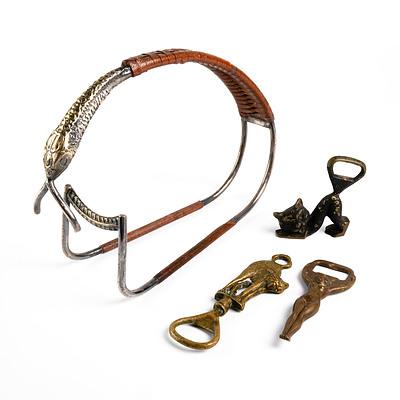 Vintage Seaport Leather Bound Snake Form Wine Bottle Stand and Three Early Brass Bottle Openers (4)