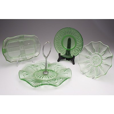 Green Depression Glass Cake Plate and Three Depression Glass Plates