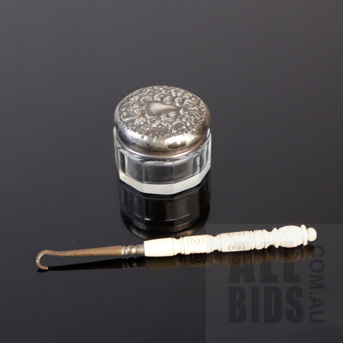 Hallmarked Sterling Silver Lidded Cut Glass Trinket Box Birmingham 1910, and a Steel and Bone Handled Glove Hook Length 10.5cm (2)