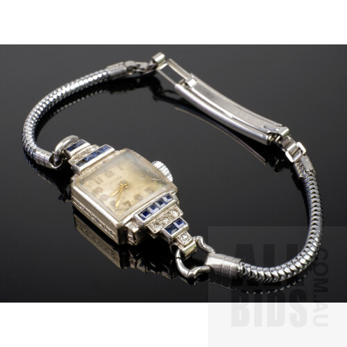 Art Deco 18ct White Gold and Platinum Cyma Ladies Watch with Sapphire and Diamond Case