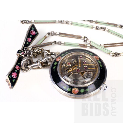 Good Antique European Bucherer Sterling and Enamel Pendant Brooch Fob Watch with Chain
