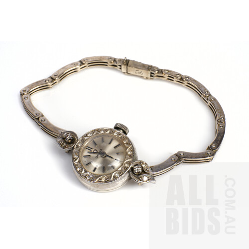 Antique 18ct White Gold Omega Ladies Wrist Watch with Diamond Set Case and 9ct White Gold Band, 16.4g Total