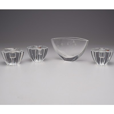 Orrefors Crystal Vase and Three Orrefors Crystal Candle Sticks