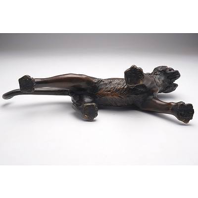Japanese Patinated Bronze Model of a Stalking Tiger on a Carved Wood Base, Meiji Period 1868-1912