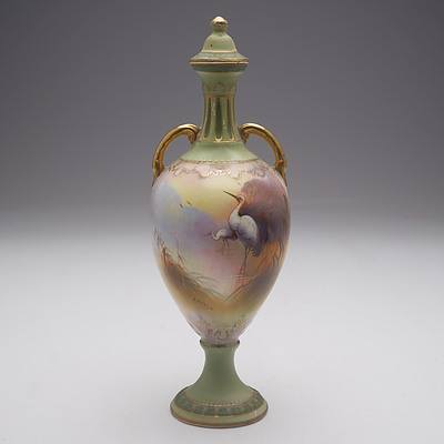 Crown Devon Urn Hand Painted with Cranes by A. Marsh, Early 20th Century