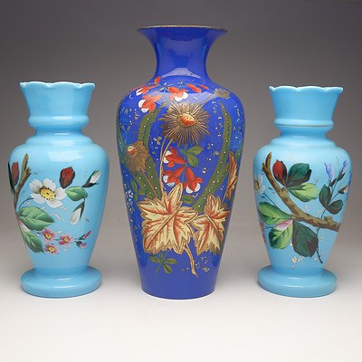 Three Antique Enamelled Glass Mantle Vases