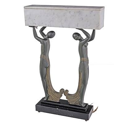Impressive Art Deco Bronze and Marble Lamp Circa 1920s