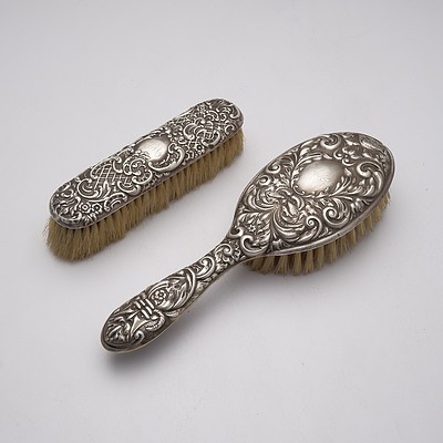 Two Monogrammed Sterling Silver Handled Brushes, Levi & Salaman, Birmingham, 1903 and W I Broadway & Co, Birmingham, 1961