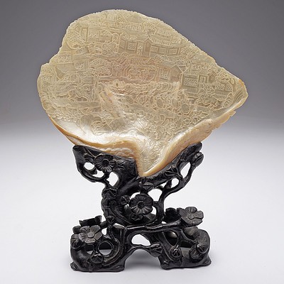 Pair of Chinese Carved Mother of Pearl Shells on Hardwood Stands