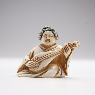 Small Japanese Carved Ivory Okimono of a Lutist