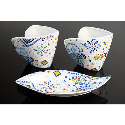 Antoni Gaudi (1852-1926) Mosaic Triangular Mugs and a Plate, Posthumous Gaudi Museum Edition