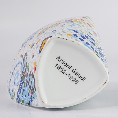 Antoni Gaudi (1852-1926) Mosaic Triangular Mugs and a Plate, Posthumous Gaudi Museum Edition