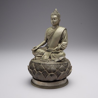 Nickeled Brass Figure of Buddha on a Lotus Base, 20th Century