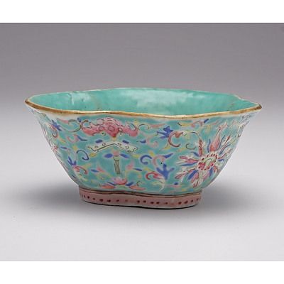 Chinese Turquoise Ground Famille Rose Bowl Decorated with Lotus and Bats, Late 19th Century