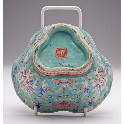 Chinese Turquoise Ground Famille Rose Bowl Decorated with Lotus and Bats, Late 19th Century