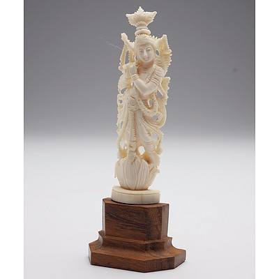Indian Carved Ivory Hindu Deity, Probably Krishna, Early to Mid 20th Century