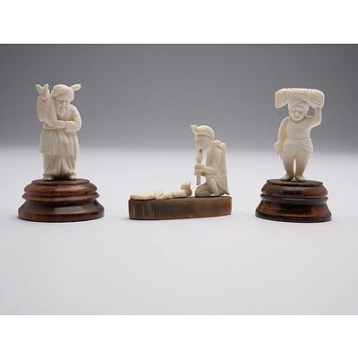 Three Carved Indian Ivory Figures Including a Snake Charmer, Early to Mid 20th Century