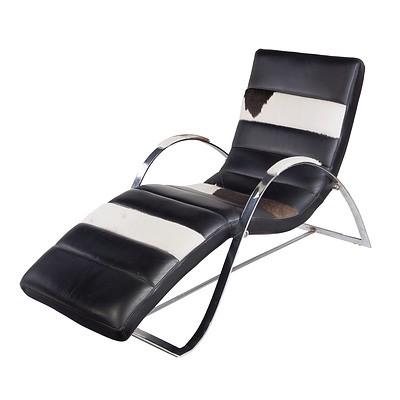 Leather and Cowhide Upholstered Chrome Frame Chaise in the Style of Corbusier