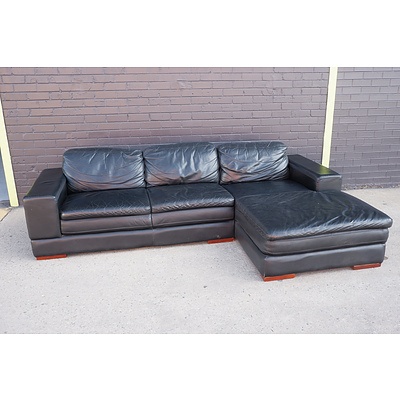 Black Leather Upholstered Three Person Modular Lounge