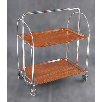German Bremshey and Co Bauhaus Style Chrome Plated Collapsible Tea Trolley with Formica Trays Circa 1960s