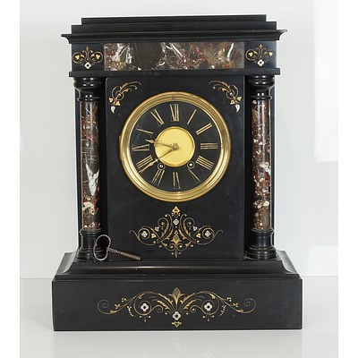 Large French Japy Brothers Black Slate and Marble Mantle Clock, Late 19th Century