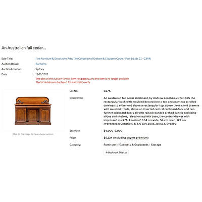 Australian Cedar Breakfront Sideboard Attributed to Andrew Lenehan Circa 1865 