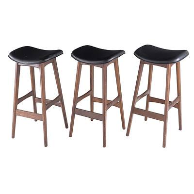Three Johannes Andersen Style Allegra Leather and Walnut Stools, Replicas