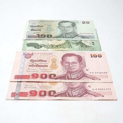 Four Thia Banknotes, Including 100 and 20 Baht