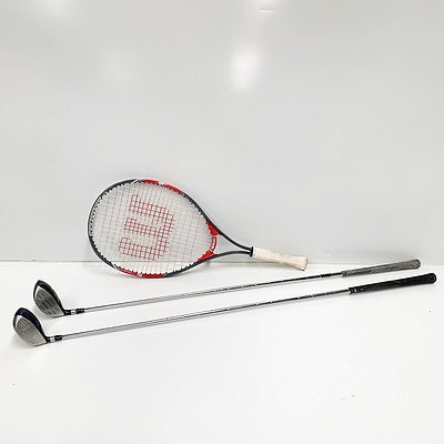 A Pair of Gold Clubs and Wilson Tennis Racket