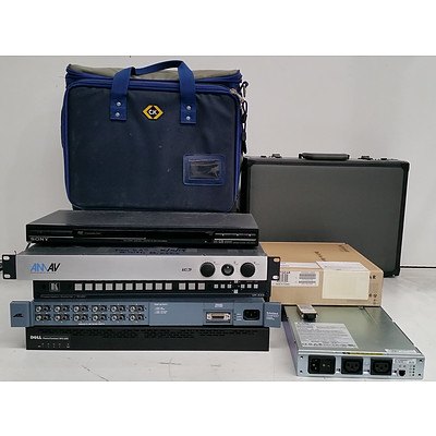 Bulk Lot of Assorted IT, AV and Office Equipment - AV Appliances, Cases, Network Equipment & Monitor Overlay Screens