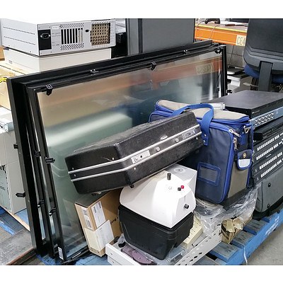 Bulk Lot of Assorted IT, AV and Office Equipment - AV Appliances, Cases, Network Equipment & Monitor Overlay Screens