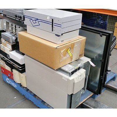 Bulk Lot of Assorted IT, AV and Office Equipment - AV Appliances, Cases, Network Equipment & Monitor Overlay Screens