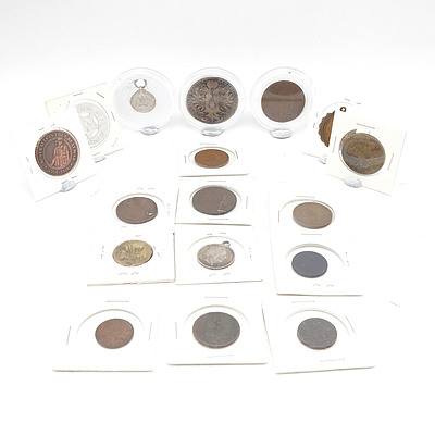 Group of International Coins, Tokens and Medals, Including Australian Defence Medal, Austria 1780 Coin, Italian 1902 Coin Medallion and More